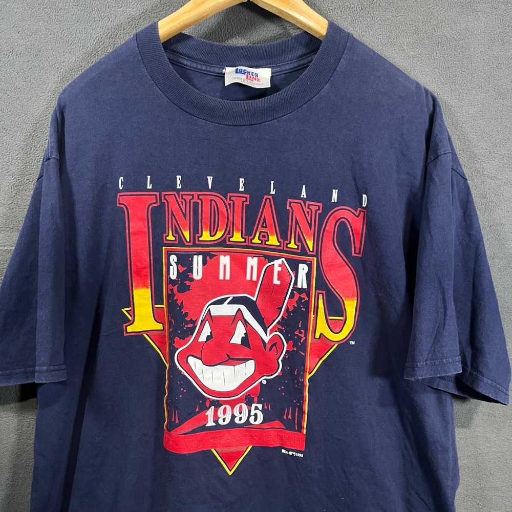 Vintage 1995 Cleveland Indians Summer T-Shirt Mens XL Navy Blue Locker Line MLB